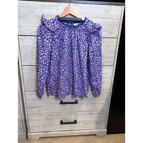 J.Crew Tops - J.Crew Womens Blue Pink Floral Ruffle Shoulder Lace Trim Blouse XS